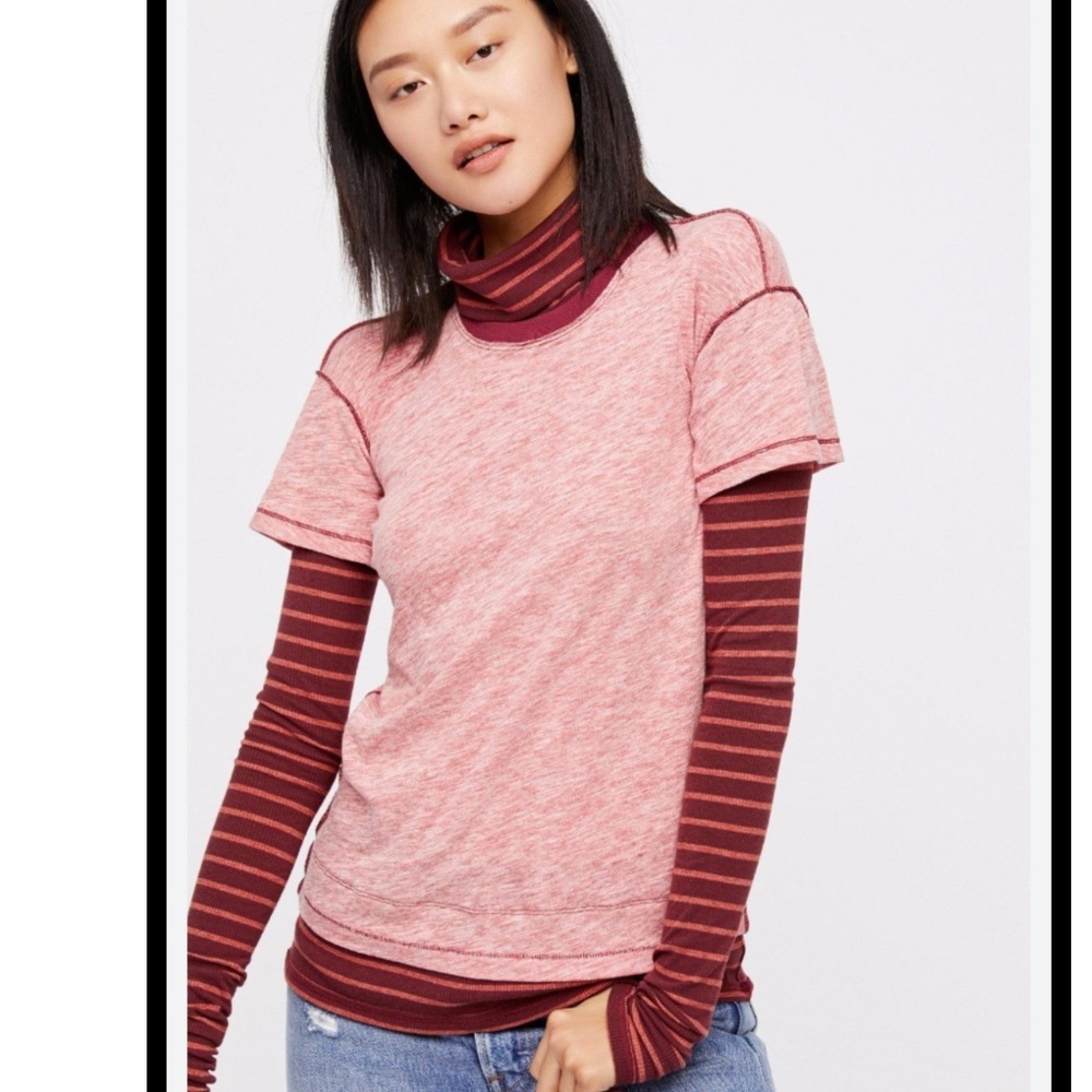 We The Free Free People Layered Look Striped Turtleneck Top Red Heather Small